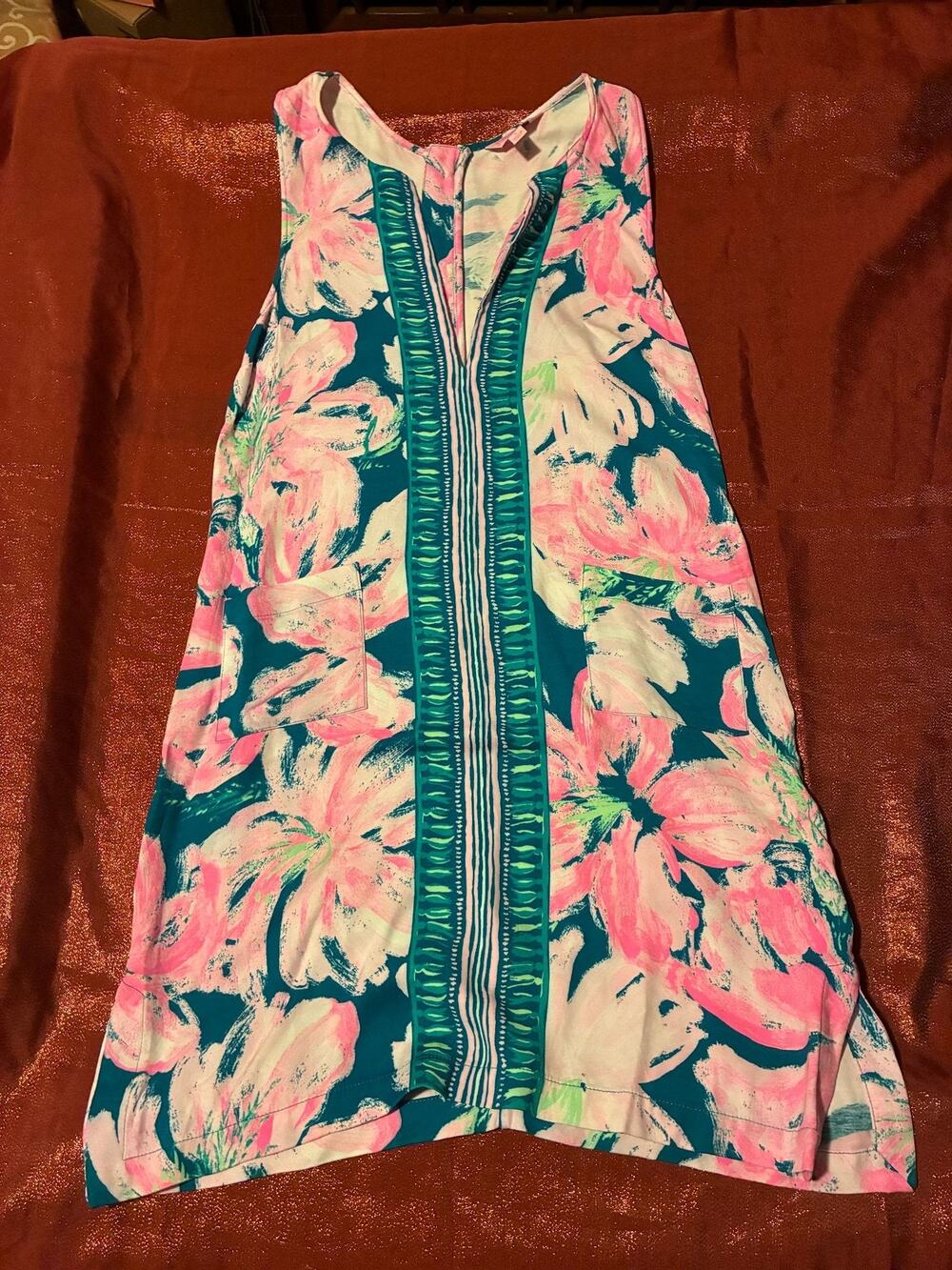 Lilly Pulitzer Dress Womens 6 Floral Shift Sleeveless Zip Back Teal Pink Pockets